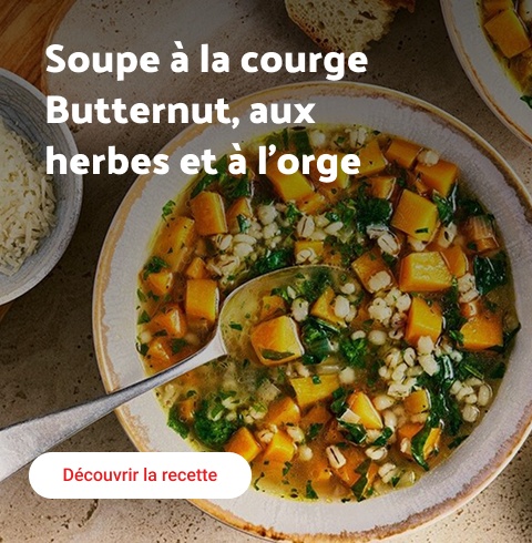 Soupe à la courge Butternut, aux herbes et à l’orge